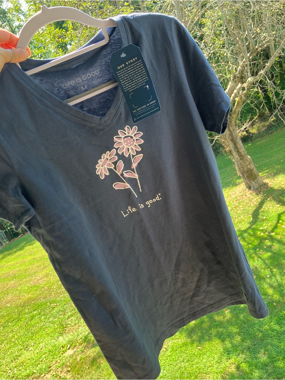 Life Is Good Blue Grey Color V- Neck Tee with Purple Floral Graphic